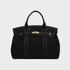Solid Women's Canvas Tote Handbag with Turn-Lock Closure & Contrast Straps — Lila - Black Front