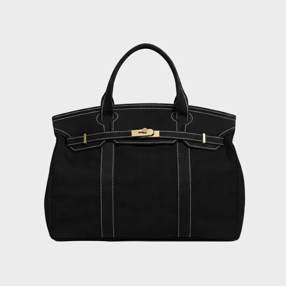 Solid Women's Canvas Tote Handbag with Turn-Lock Closure & Contrast Straps — Lila - Black Front