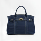 Solid Women's Canvas Tote Handbag with Turn-Lock Closure & Contrast Straps — Lila - Navy Blue Front