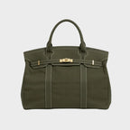 Solid Women's Canvas Tote Handbag with Turn-Lock Closure & Contrast Straps — Lila - Olive Green Front