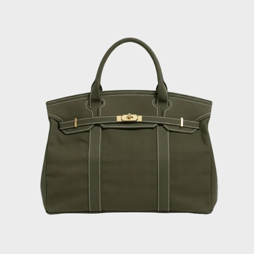Solid Women's Canvas Tote Handbag with Turn-Lock Closure & Contrast Straps — Lila - Olive Green Front