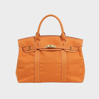 Solid Women's Canvas Tote Handbag with Turn-Lock Closure & Contrast Straps — Lila - Orange Front