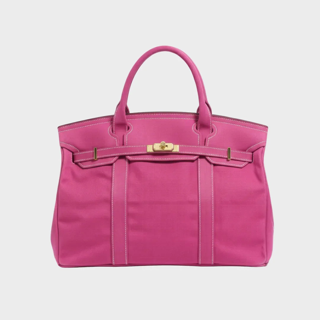 Solid Women's Canvas Tote Handbag with Turn-Lock Closure & Contrast Straps — Lila - Pink Front
