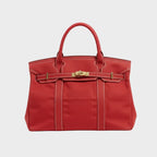 Solid Women's Canvas Tote Handbag with Turn-Lock Closure & Contrast Straps — Lila - Red Front