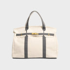 Washed Women's Canvas Tote Handbag with Turn-Lock Closure & Contrast Straps — Lila - Grey Front Clean