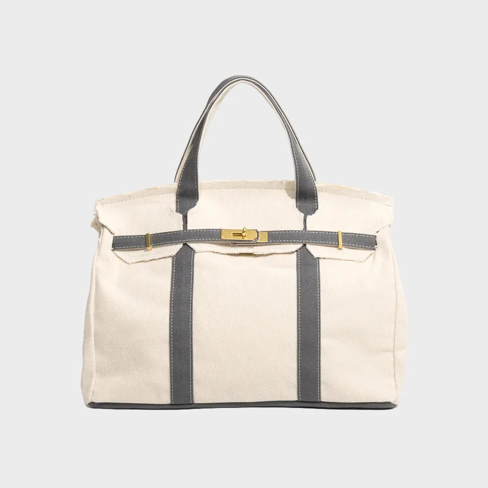 Washed Women's Canvas Tote Handbag with Turn-Lock Closure & Contrast Straps — Lila - Grey Front Clean