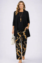 Black Women's Cardigan Pants Set with Open Front, Round-Neck Top & Wide-Leg Trousers