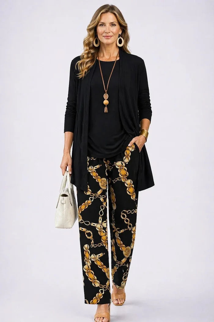 Black Women's Cardigan Pants Set with Open Front, Round-Neck Top & Wide-Leg Trousers