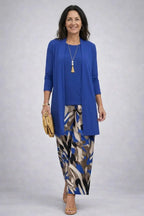 Blue Women's Cardigan Pants Set with Open Front, Round-Neck Top & Wide-Leg Trousers - Model Walking