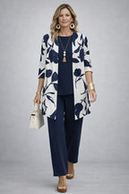 Blue White Women's Cardigan Pants Set with Open Front, Round-Neck Top & Wide-Leg Trousers - Platform Heels Pose