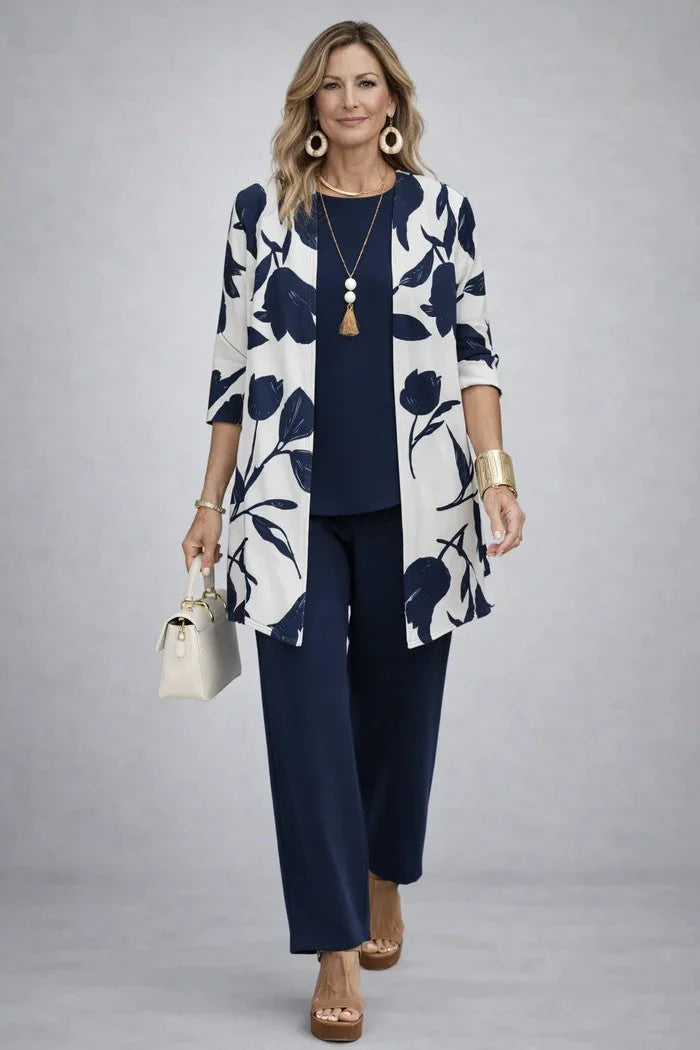 Blue White Women's Cardigan Pants Set with Open Front, Round-Neck Top & Wide-Leg Trousers - Platform Heels Pose