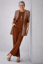 Brown Women's Cardigan Pants Set with Open Front, Round-Neck Top & Wide-Leg Trousers