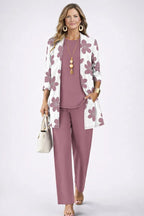 Dusty Pink Women's Cardigan Pants Set with Open Front, Round-Neck Top & Wide-Leg Trousers - Front Smile Pose