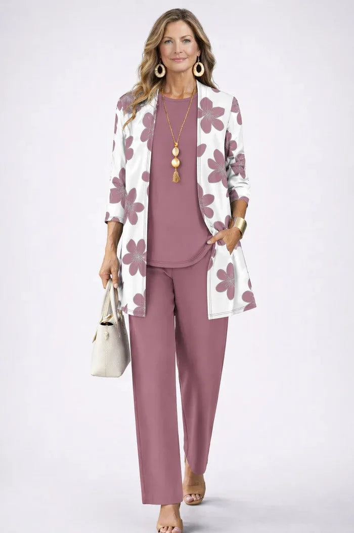 Dusty Pink Women's Cardigan Pants Set with Open Front, Round-Neck Top & Wide-Leg Trousers - Front Smile Pose