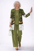 Olive Green Women's Cardigan Pants Set with Open Front, Round-Neck Top & Wide-Leg Trousers - Hand On Wall Pose