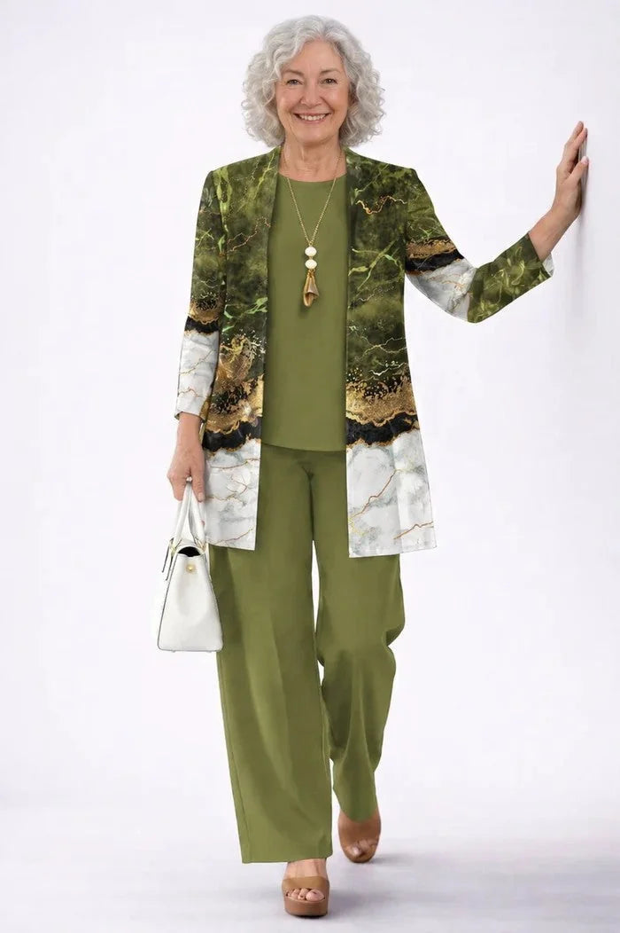 Olive Green Women's Cardigan Pants Set with Open Front, Round-Neck Top & Wide-Leg Trousers - Hand On Wall Pose