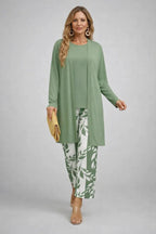 Green White Women's Cardigan Pants Set with Open Front, Round-Neck Top & Wide-Leg Trousers - Front Pose