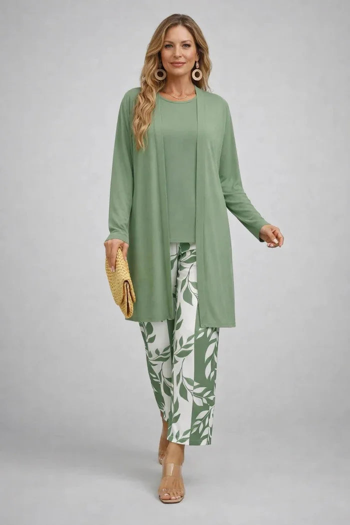 Green White Women's Cardigan Pants Set with Open Front, Round-Neck Top & Wide-Leg Trousers - Front Pose