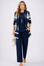 Navy Blue Women's Cardigan Pants Set with Open Front, Round-Neck Top & Wide-Leg Trousers - Front Studio