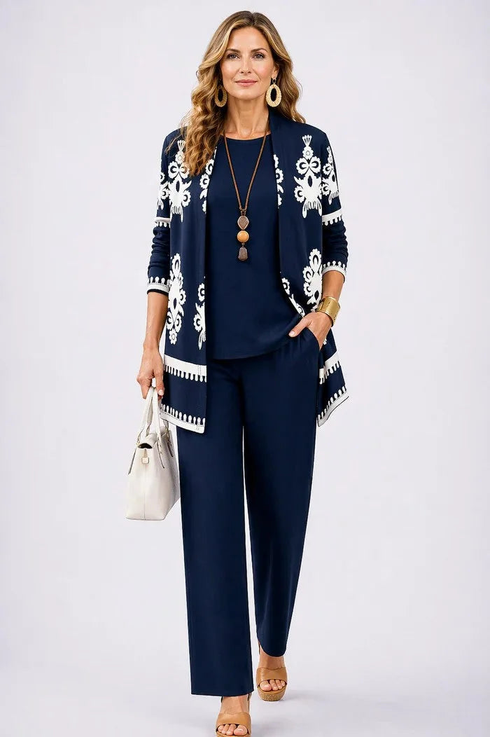 Navy Blue Women's Cardigan Pants Set with Open Front, Round-Neck Top & Wide-Leg Trousers - Front Studio