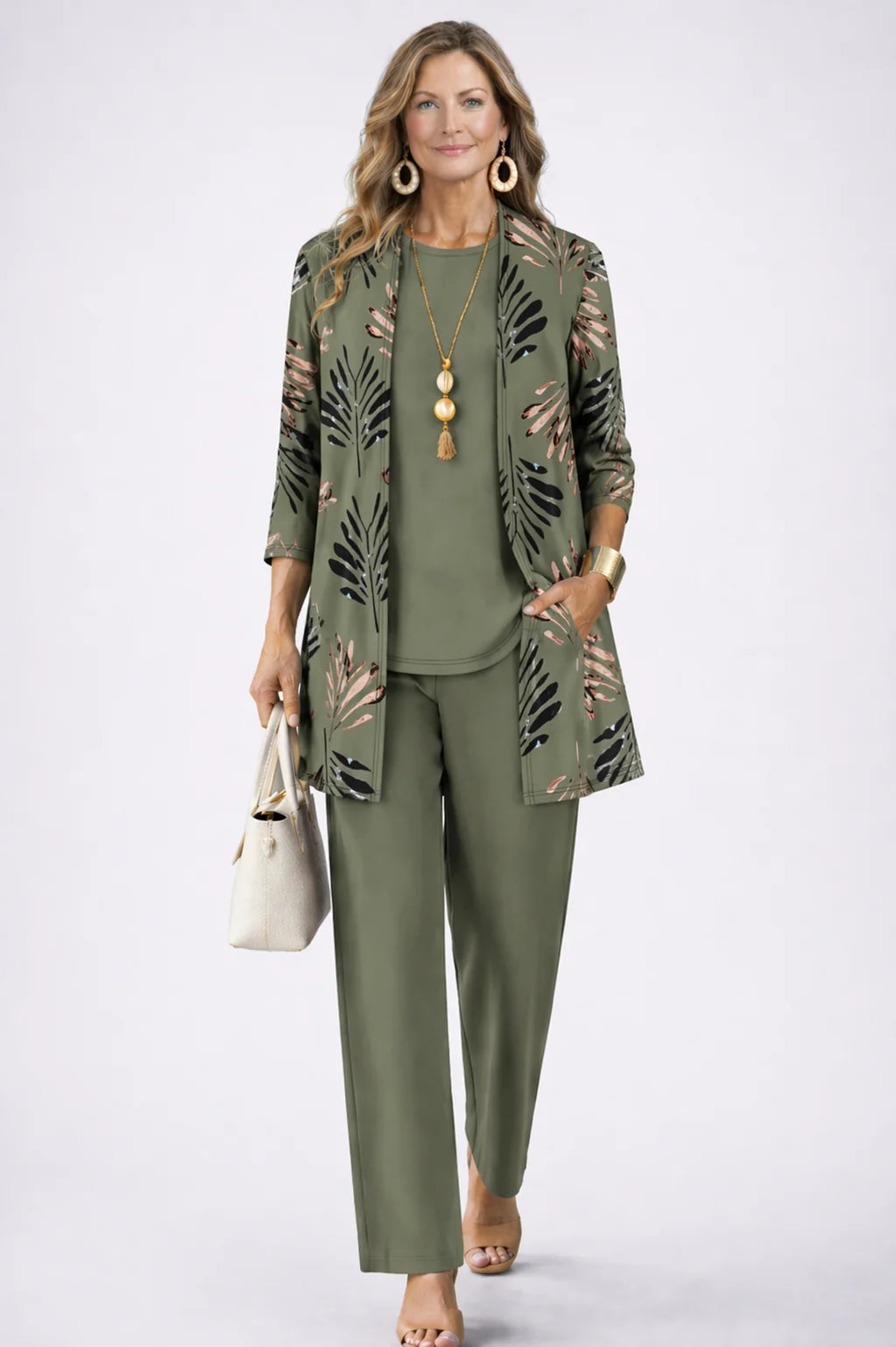 Green Women's Cardigan Pants Set with Open Front, Round-Neck Top & Wide-Leg Trousers - Front Full
