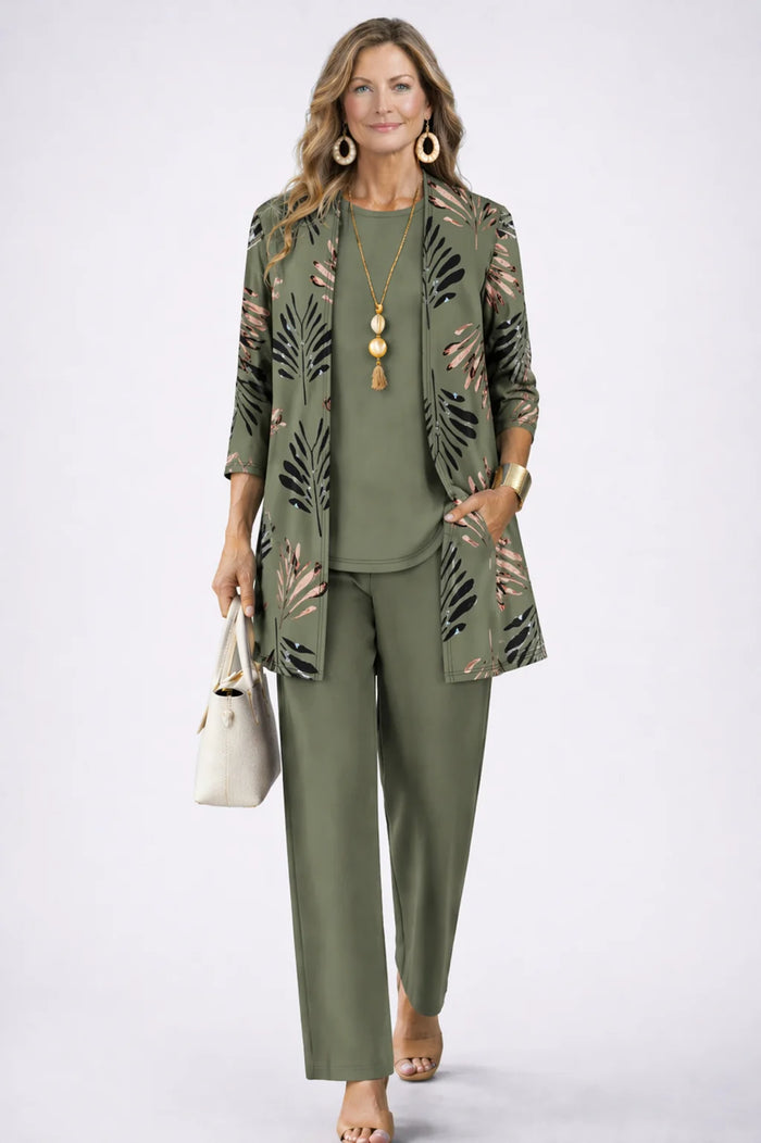Green Women's Cardigan Pants Set with Open Front, Round-Neck Top & Wide-Leg Trousers - Front Full