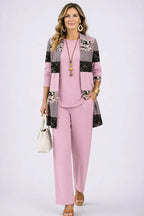 Pink Women's Cardigan Pants Set with Open Front, Round-Neck Top & Wide-Leg Trousers - Studio Pose