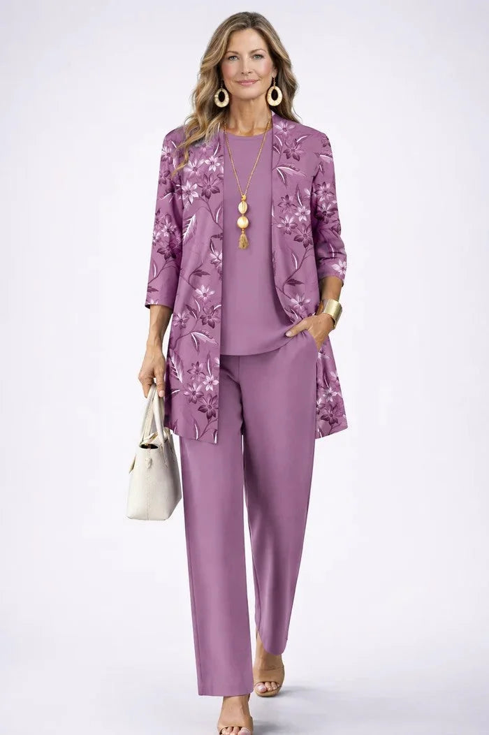 Purple Women's Cardigan Pants Set with Open Front, Round-Neck Top & Wide-Leg Trousers