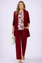 White Red Women's Cardigan Pants Set with Open Front, Round-Neck Top & Wide-Leg Trousers - Side Walking