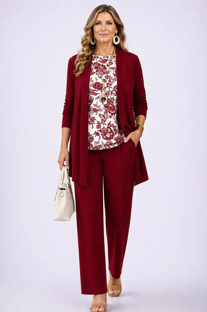 White Red Women's Cardigan Pants Set with Open Front, Round-Neck Top & Wide-Leg Trousers - Side Walking