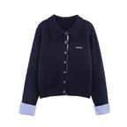 Women's Cardigan Skirt Set with Contrast Striped Cuffs & Pleated Skirt - Cardigan Only Detail