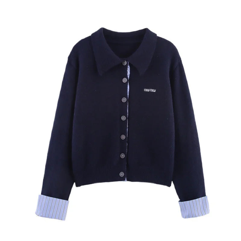 Women's Cardigan Skirt Set with Contrast Striped Cuffs & Pleated Skirt - Cardigan Only Detail