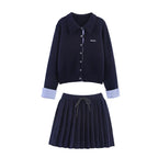 Black Women's Cardigan Skirt Set with Contrast Striped Cuffs & Pleated Skirt