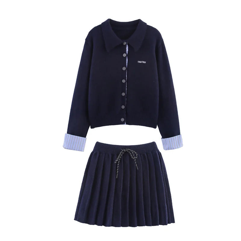 Black Women's Cardigan Skirt Set with Contrast Striped Cuffs & Pleated Skirt