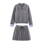 Grey Women's Cardigan Skirt Set with Contrast Striped Cuffs & Pleated Skirt