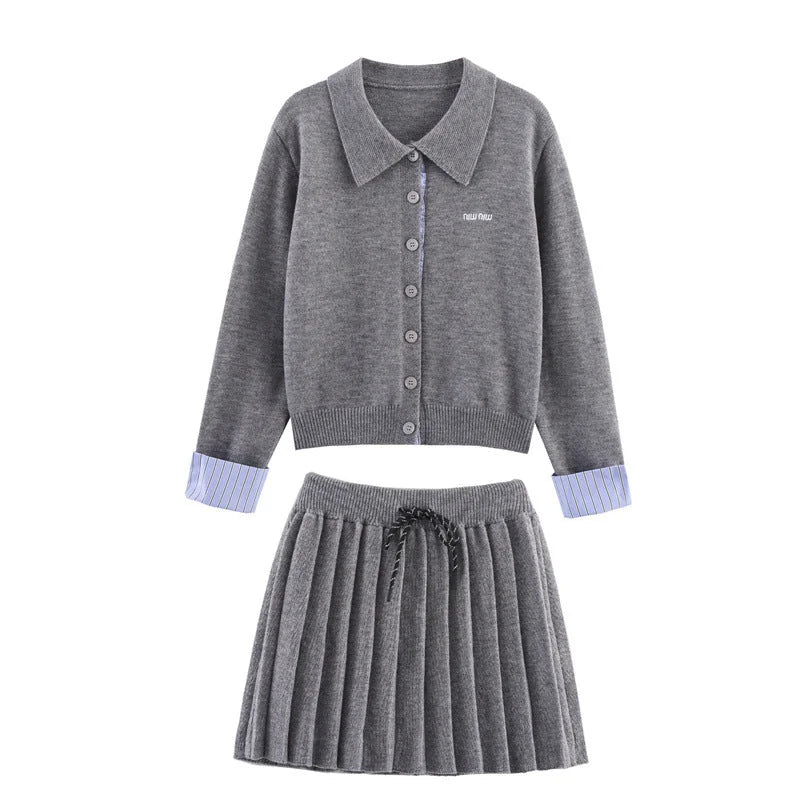Grey Women's Cardigan Skirt Set with Contrast Striped Cuffs & Pleated Skirt