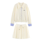 Light Beige Women's Cardigan Skirt Set with Contrast Striped Cuffs & Pleated Skirt
