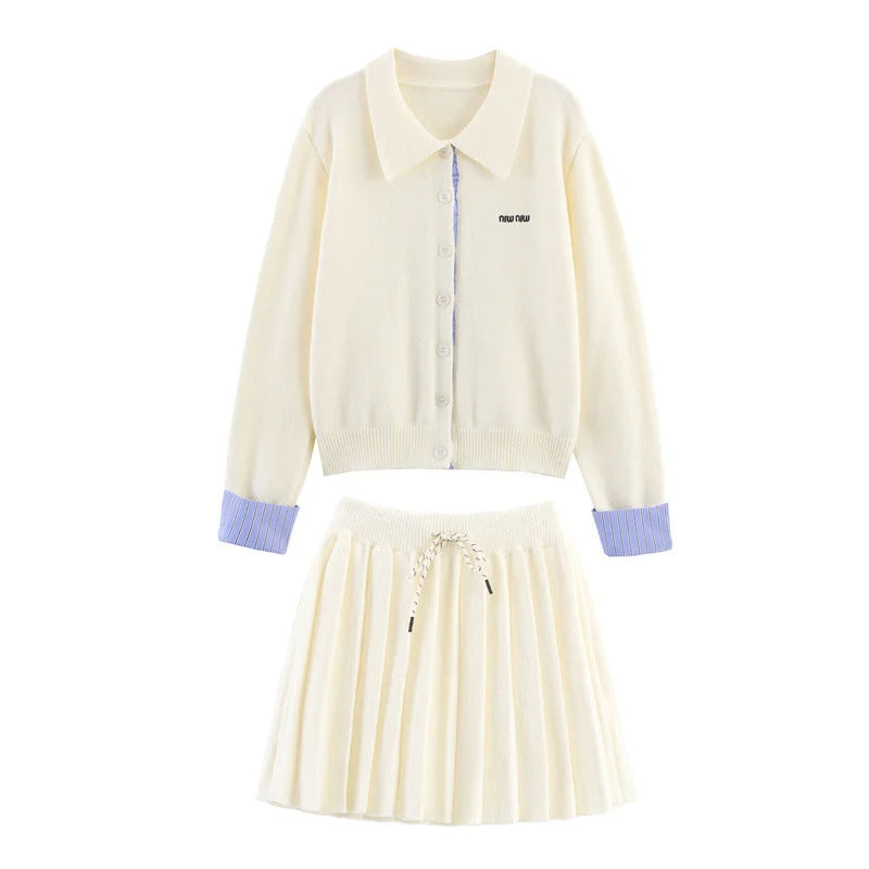 Light Beige Women's Cardigan Skirt Set with Contrast Striped Cuffs & Pleated Skirt