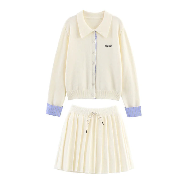 Light Beige Women's Cardigan Skirt Set with Contrast Striped Cuffs & Pleated Skirt
