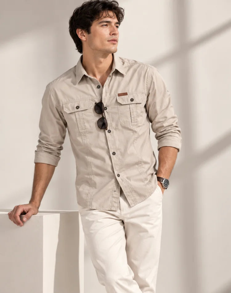 Beige Men's Cargo Overshirt with Double Chest Pockets & Classic Collar - Front Full Lifestyle