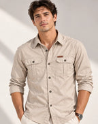 Men's Cargo Overshirt with Double Chest Pockets & Classic Collar - Front Upper Body