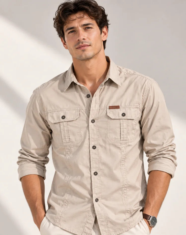 Men's Cargo Overshirt with Double Chest Pockets & Classic Collar - Front Upper Body