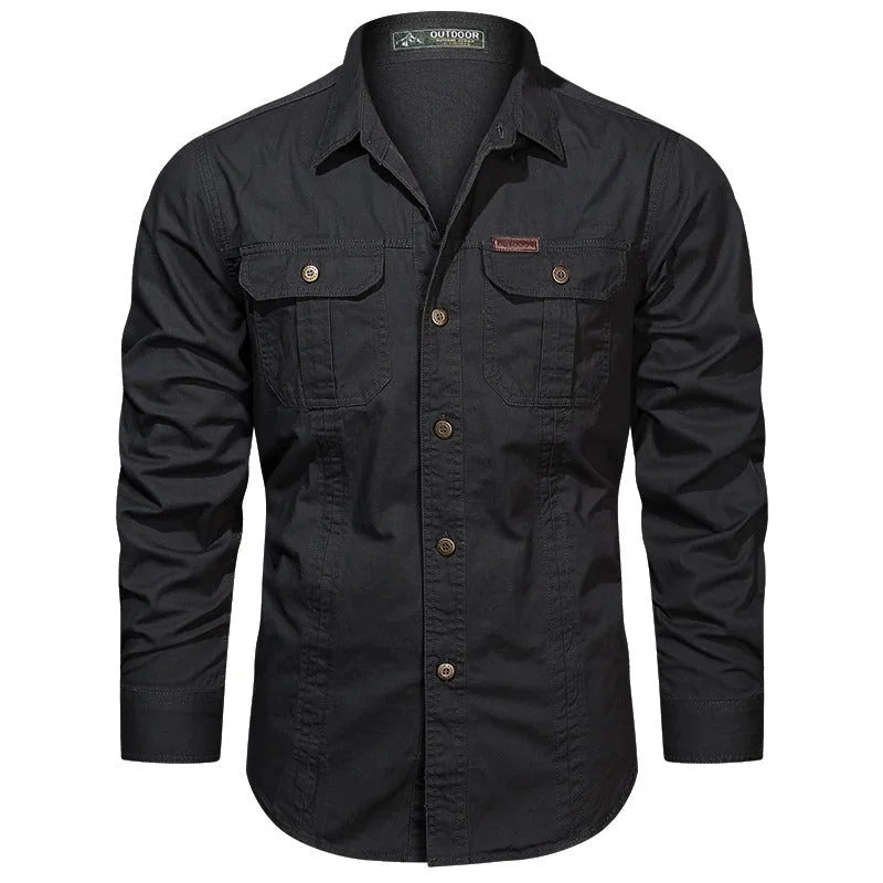 Men's Cargo Overshirt with Double Chest Pockets & Classic Collar - Flat Lay