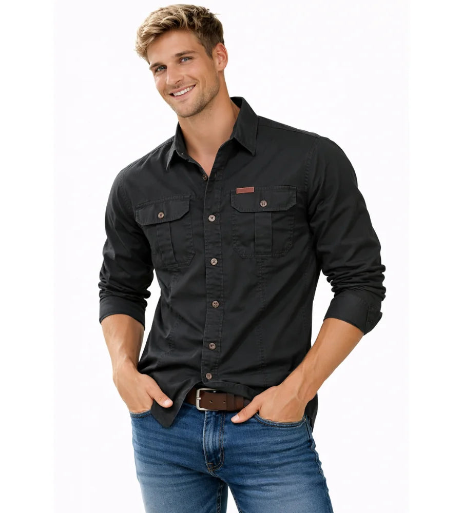 Black Men's Cargo Overshirt with Double Chest Pockets & Classic Collar