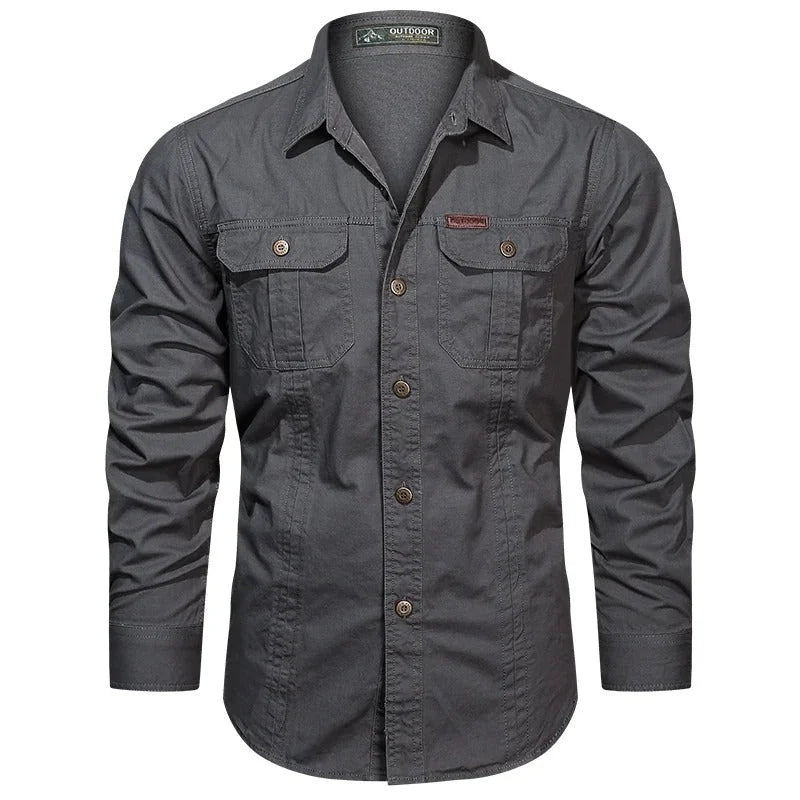 Men's Cargo Overshirt with Double Chest Pockets & Classic Collar - Flat Lay