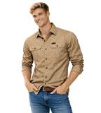 Khaki Men's Cargo Overshirt with Double Chest Pockets & Classic Collar