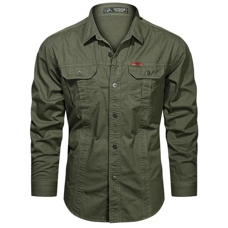 Men's Cargo Overshirt with Double Chest Pockets & Classic Collar - Flat Lay