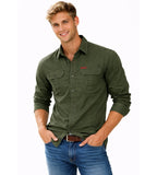 Military Green Men's Cargo Overshirt with Double Chest Pockets & Classic Collar - Front Full Smile