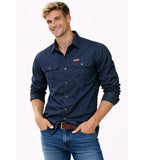 Navy Blue Men's Cargo Overshirt with Double Chest Pockets & Classic Collar - Front Full Studio