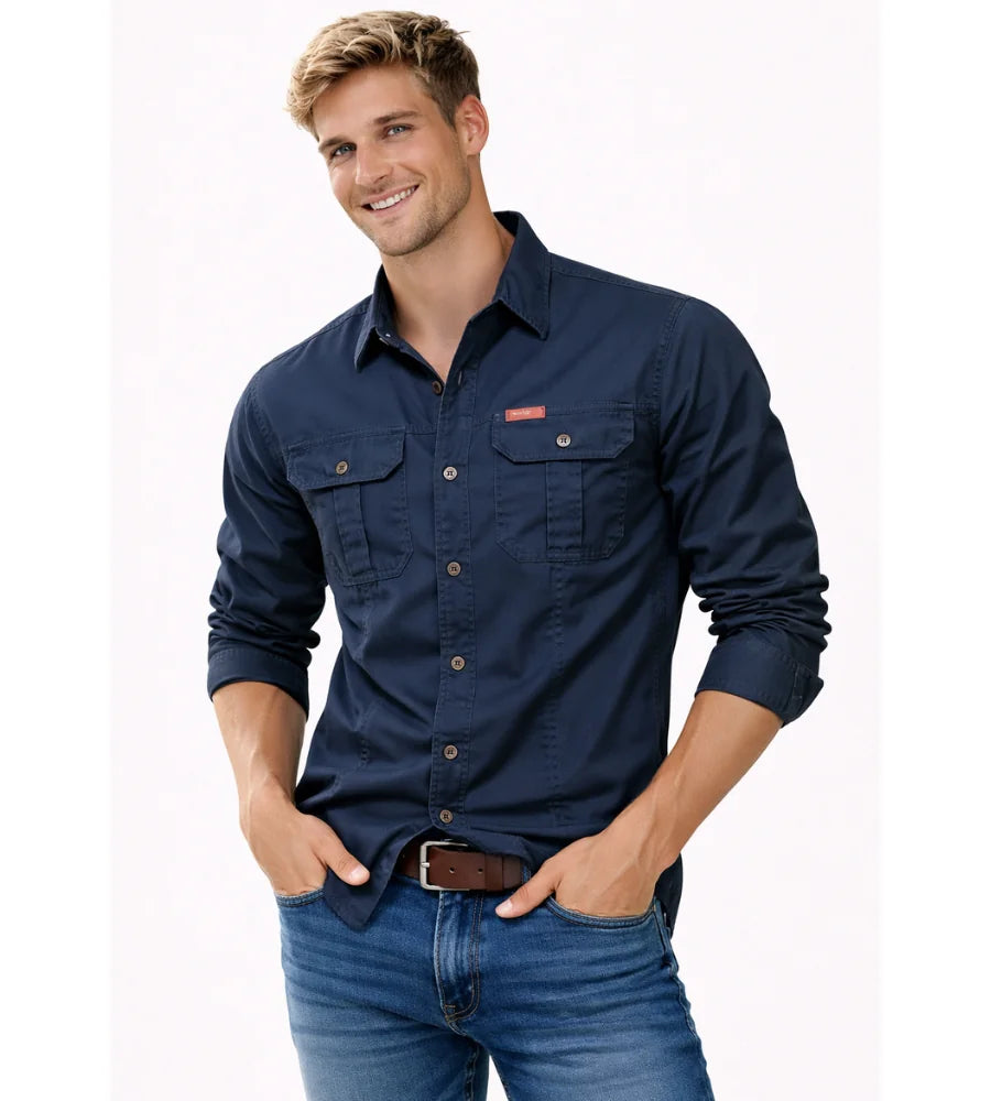 Navy Blue Men's Cargo Overshirt with Double Chest Pockets & Classic Collar - Front Full Studio